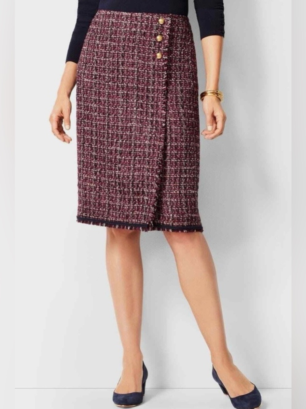 Talbots Burgundy Tweed Faux Wrap Pencil Skirt with Button Detail Fringe Hem Sz 8